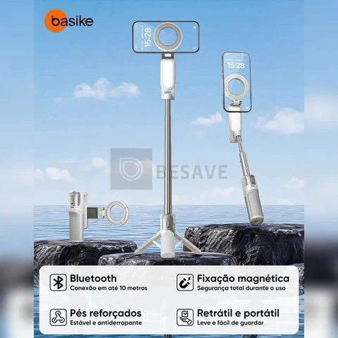 Tripé Magnético e Bastão Selfie Basike com Controle Bluetooth para Smartphone