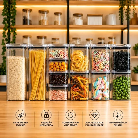Kit Potes Porta Mantimento Hermético Quadrado Cozinha 12 Uni