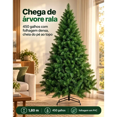 Árvore de Natal 1,80m 450 Galhos Pinheiro Verde Cheia Grande com Pé de Ferro Reforçado 180cm Folhagem Densa em PVC Galhos Moldáveis Já Presos Montagem Prática Tradicional para Sala Mia Utilidades