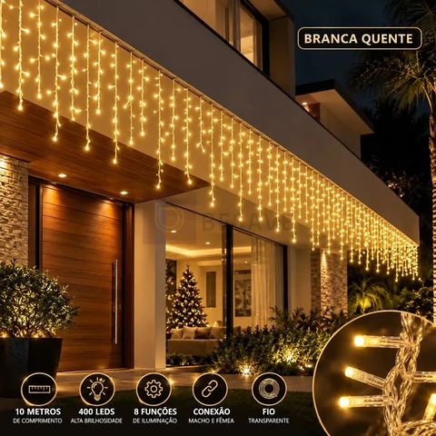 Cascata de Natal 400 Leds 10 Metros Conexão Macho E Fêmea Prova D'água Função Luzes De Natal Pisca Pisca Branco Quente 110v
