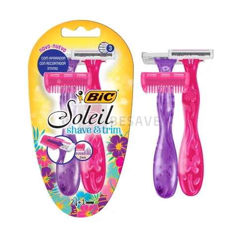 BIC Aparelho De Depilação Soleil Shave & Trim 3 Lâminas Rosa E Roxo 930184 2 Unidades + Aparador De Pelos Rosa/Roxo Pacote De 2