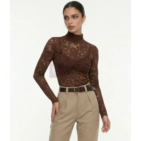 Blusa Gola Alta Renda Feminina Manga Longa