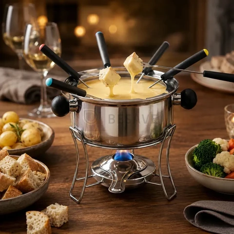 Kit Fondue 10 Peças Inox Jogo De Panelas 1l Para 6 Pessoas Para Queijo Chocolate Com Garfos E Suporte Tattoo Style