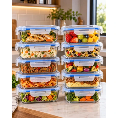 Kit 10 Potes Herméticos de Vidro 640ml com Tampa 4 Travas e Anel de Vedação, Potes para Alimentos, Marmitas, Refeições e Organização de Geladeira
