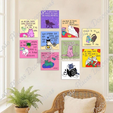 QUADROS FRASES MENSAGENS MOTIVACIONAIS MENTE FOCO DETERMINAÇÃO GATOS GATINHOS GATO PENSADOR KIT 10 PLACAS MDF 20X20cm