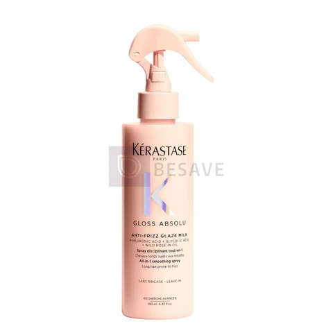 Kérastase, Spray, Gloss Absolu, Glaze Milk Anti-Frizz, para todos os tipos de cabelos, com ácido hialurônico, glicólico e óleo de rosa silvestre, proporciona brilho, protetor térmico, 190ml