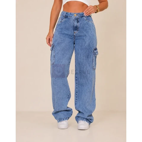 Calça Jeans Feminina Wide Leg Cintura Alta Cargo Pantalona