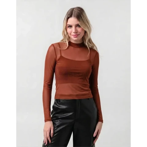 Blusa Feminina Manga Longa Tule Transparente Festa Balada