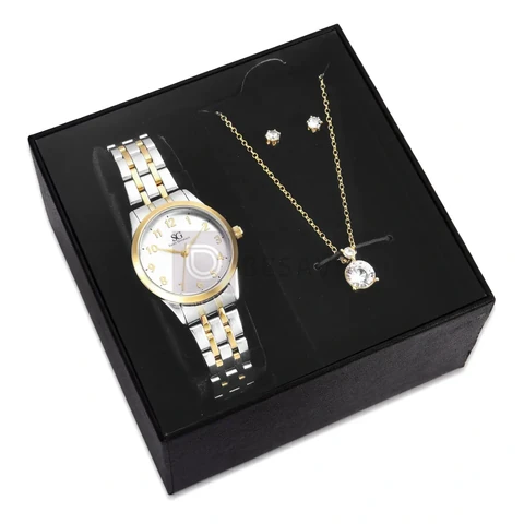 Kit Relógio Colar e Brincos Ponto De Luz Dourado e Prateado Feminino Luxo Saint Germain 28mm