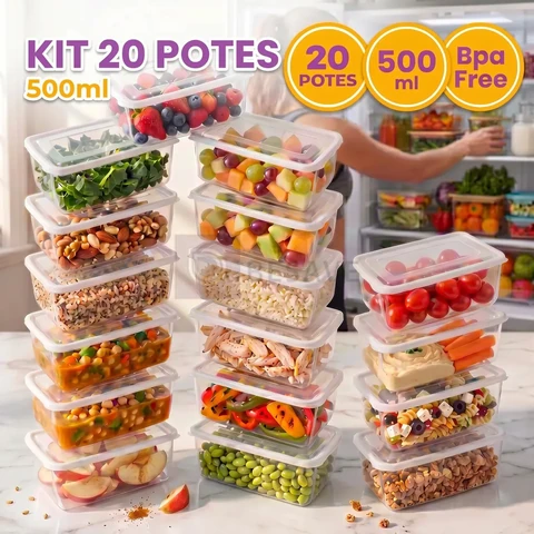 Kit 20 Potes 500ml Transparente Marmita Fitness Bpa Free Reutilizável Tampa Hermética Micro E Freezer Mantimentos Ponte Lar Utilidades