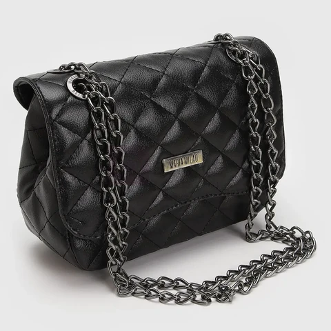 Bolsa Feminina Pequena Média Ombro Corrente Transversal Tiracolo Casual Couro PU Alça Lateral De Lado Fashion Sofisticada Tendência Blogueira Moderna Moda Elegante Matelassê Bordada Festa Cor Preta