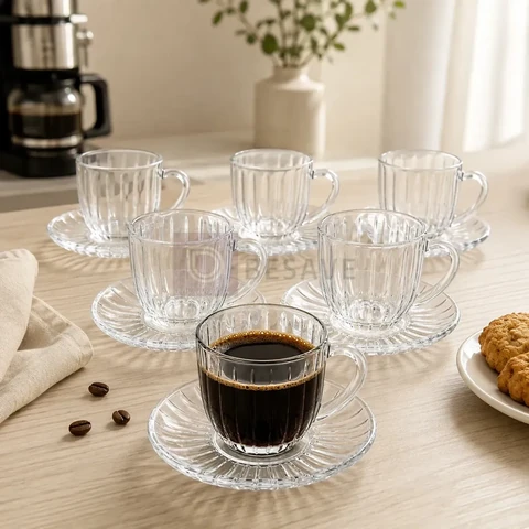 Jogo 6 Xícaras De Vidro Canelado Com Pires Cha e Café Espresso 100ml 12 peças