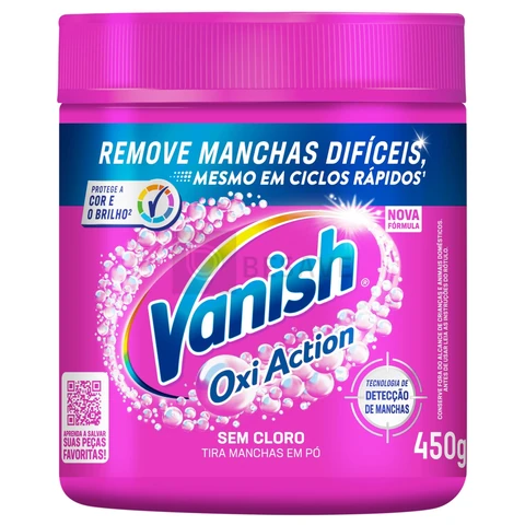 Tira Manchas em Pó Vanish Oxi Action Pink Refil 450g para Roupas Coloridas, Sem Cloro, com Percarbonato, Remove Manchas Difíceis, Preserva as Cores e Deixa as Roupas Como Novas