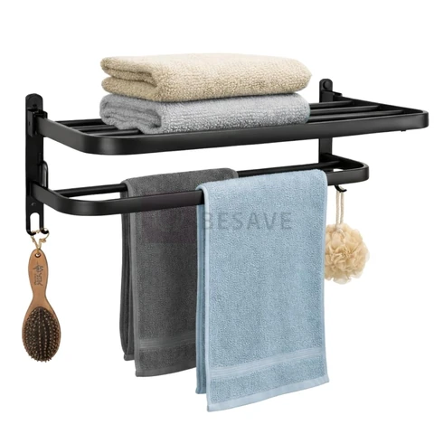 Toalheiro Duplo de Parede com Prateleira 46cm, Metal Preto Fosco