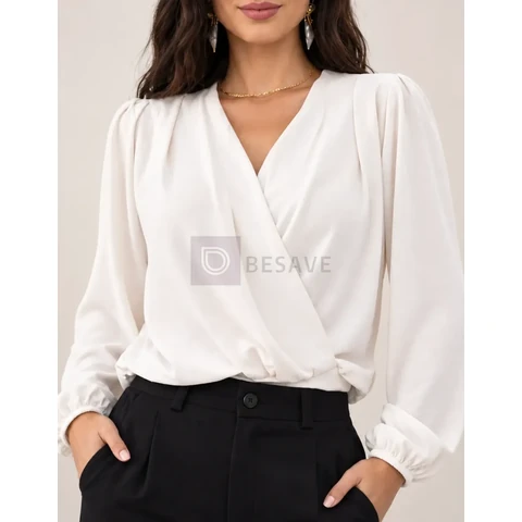 Camisa Cropped Duna Blusa Transpassada Manga Longa Dia A Dia