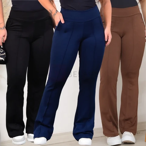 Kit 3 Calça Feminina Flare Bailarina Cintura Alta Com Bolsos