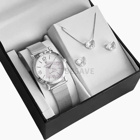 Kit Relógio Feminino Prata Prova D'água + Colar E Brincos Prateado
