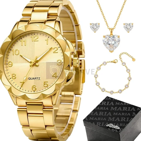 Relógio Feminino Aco Inox Banhado + Colar + Pulseira