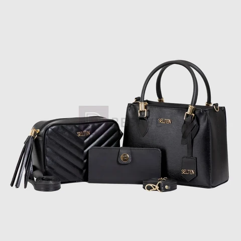 Bolsa Transversal Media E Bolsa Pequena Com Mini Carteira kit bolsas Pretas Selten