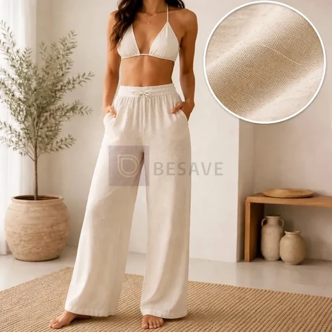 Calça Pantalona Cru Wide Leg Cós Elastico Saída Praia Jeans