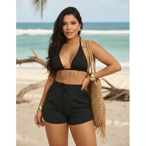 Biquini 3 Peças Conjunto Trikini Short Praia Tendência Moda