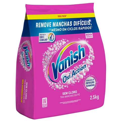 Tira Manchas em Pó Vanish Oxi Action Pink Refil 2,5kg para Roupas Coloridas, Sem Cloro, com Percarbonato, Remove Manchas Difíceis, Preserva as Cores e Deixa as Roupas Como Novas