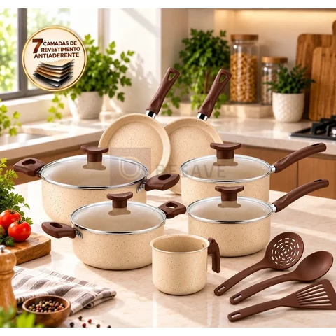 Jogo de Panelas Antiaderente 7 Camadas 10 Peças Kit Cozinha Casa Nova com Tampas de Vidro Caçarolas Frigideiras Retas Fundas Fervedor Leiteira e Utensílios Conjunto Compacto Dia a Dia Baunilha