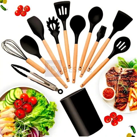 Kit 12 Utensílios De Cozinha Em Silicone E Cabo De Madeira