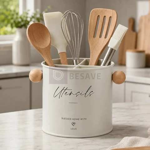 Porta Utensílios Organizador De Talheres Cozinha Metal Home Creme