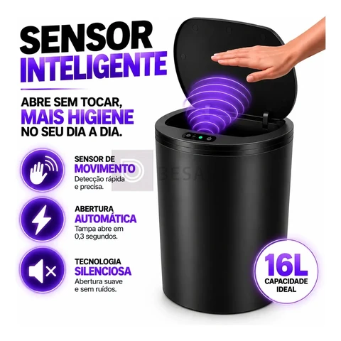 Lixeira Inteligente Automática Redonda Recarregável USB‐C Sensor para Cozinha Banheiro Escritório