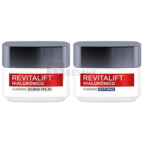 Kit Hidratante Facial L'Oréal Paris Revitalift Hialurônico Diurno FPS 20 + Noturno, Tratamento Antirrugas e Preenchedor com Ácido Hialurônico Puro, 49g