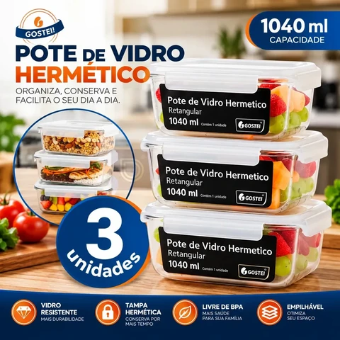 Kit 3 Potes De Vidro Hermetíco 1040ml Marmita Forno Refratário Gostei!