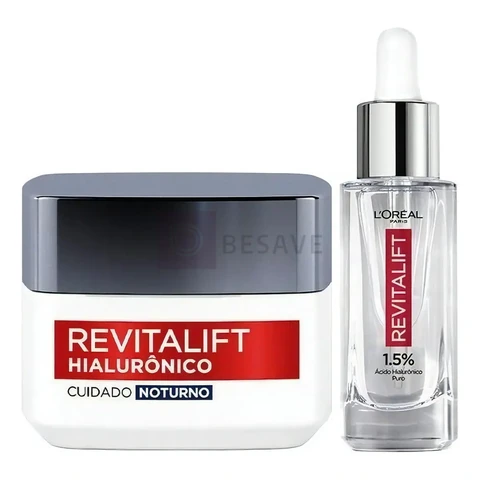 L'Oréal Paris Revitalift Hialurônico Kit Skincare Anti-Idade, com Sérum Preenchedor 30ml + Creme Facial Noturno, Ácido Hialurônico para Hidratação e Redução de Rugas 49g