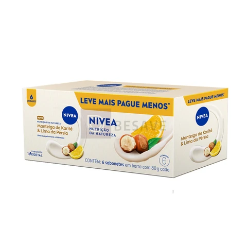 NIVEA Sabonete Vegetal Nutrição Da Natureza Manteiga De Karité & Lima Da Pérsia 80g (6 un.), Limpeza Delicada, Banho, Pele Macia e Hidratada, Fórmula Natural