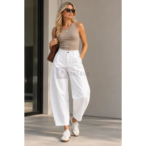 Calça Feminina Sarja Barrel Cintura Elástico Bolso Faca Mom