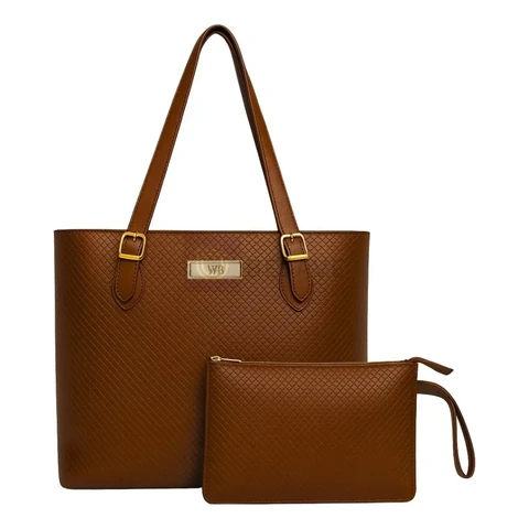 Kit Bolsa Tipo Sacola Grande Com Carteira Feminina Cor Marrom Desenho Do Tecido Trançado