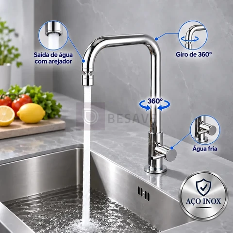 Torneira para Cozinha Inox Cromada Água Fria com Arejador Bica Alta Móvel Corpo Giratório