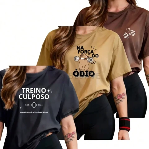 Kit 3 Camisetas Femininas Premium Algodão Academia Treino