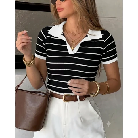 Blusa Feminina Manga Curta Polo Listrada Elegante Moda Verão