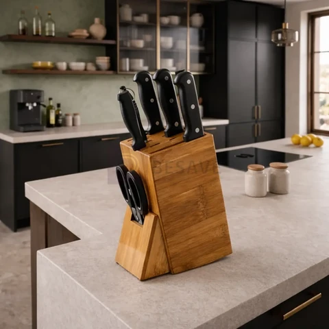 Faqueiro Porta Facas Bambu Cozinha Cepo Tesoura