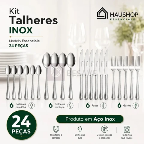 Faqueiro Inox 24 Peças Essenciale Haushop Jogo De Talheres Conjunto Mesa Posta Premium Resistente