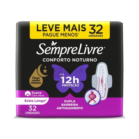 Absorvente Noturno com Abas Sempre Livre, Cobertura Suave, 32 Unidades