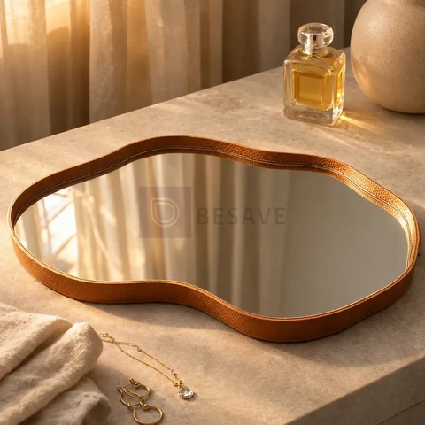 Bandeja Espelhada Decorativa Orgânica Borda Couro Ecológico
