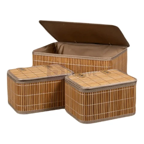 Kit 3 Caixa Cesto Organizador Bambu Marrom Tampa 23 36cm