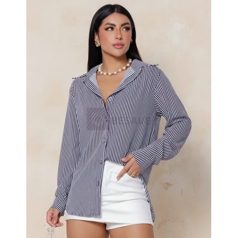 Camisa Social Feminina Clássica Listrada C/ Botões Tendência