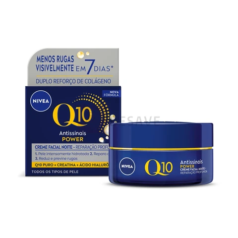 NIVEA Creme Facial Antissinais Q10 Power Noite 49g, Reduz Rugas, Reparação Noturna, Hidratação, Ácido Hialurônico, Cuidado Facial Noturno