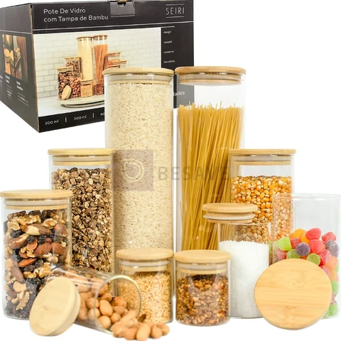 Kit 10 Potes Herméticos Vidro Tampa Bambu Seiri Para Mantimentos Cozinha