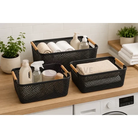 Kit 3 Cesto Organizador Multiuso Alça Madeira 27cm