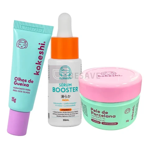 Kit Renovadores Pele De Porcelana Gueixa Sérum Vit C Kokeshi Com Óleo e farinha de arroz Ácido hialurônico Vitamina C Óleo de rosa mosqueta Chá verde e sálvia