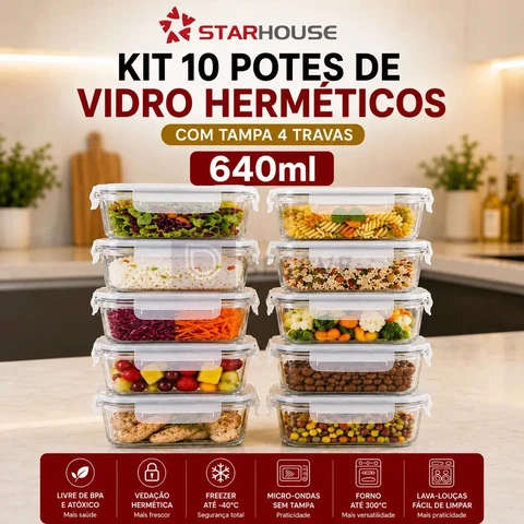 Kit 10 Potes Herméticos Vidro 640ml Starhouse Marmita Forno Micro-ondas Airfryer com 4 travas de super vedação